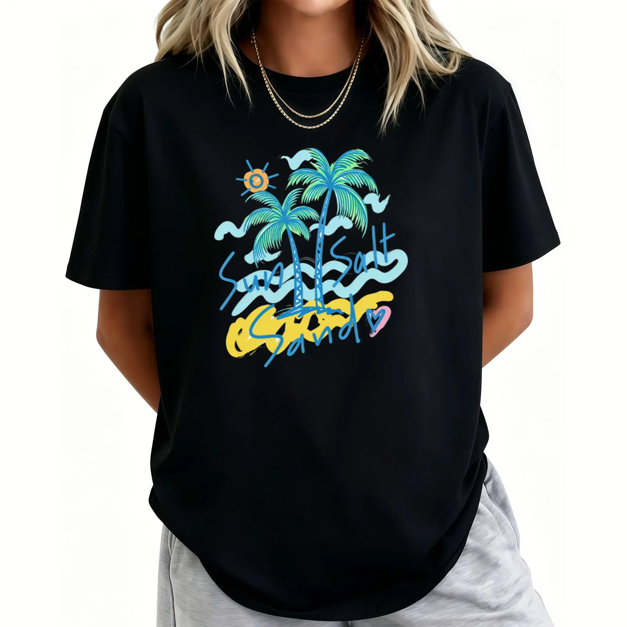 Women'S Tropical Palm Tree & Sun Salt Graphic T-Shirt - Soft Breathable Short Sleeve Round Neck Summer Beachwear Top With Turquoise & Coral Print, Casual Elegant Everyday & Party Wear, All-Season Comfort Fit Tee For Women Heart Mesh Coquette clothes