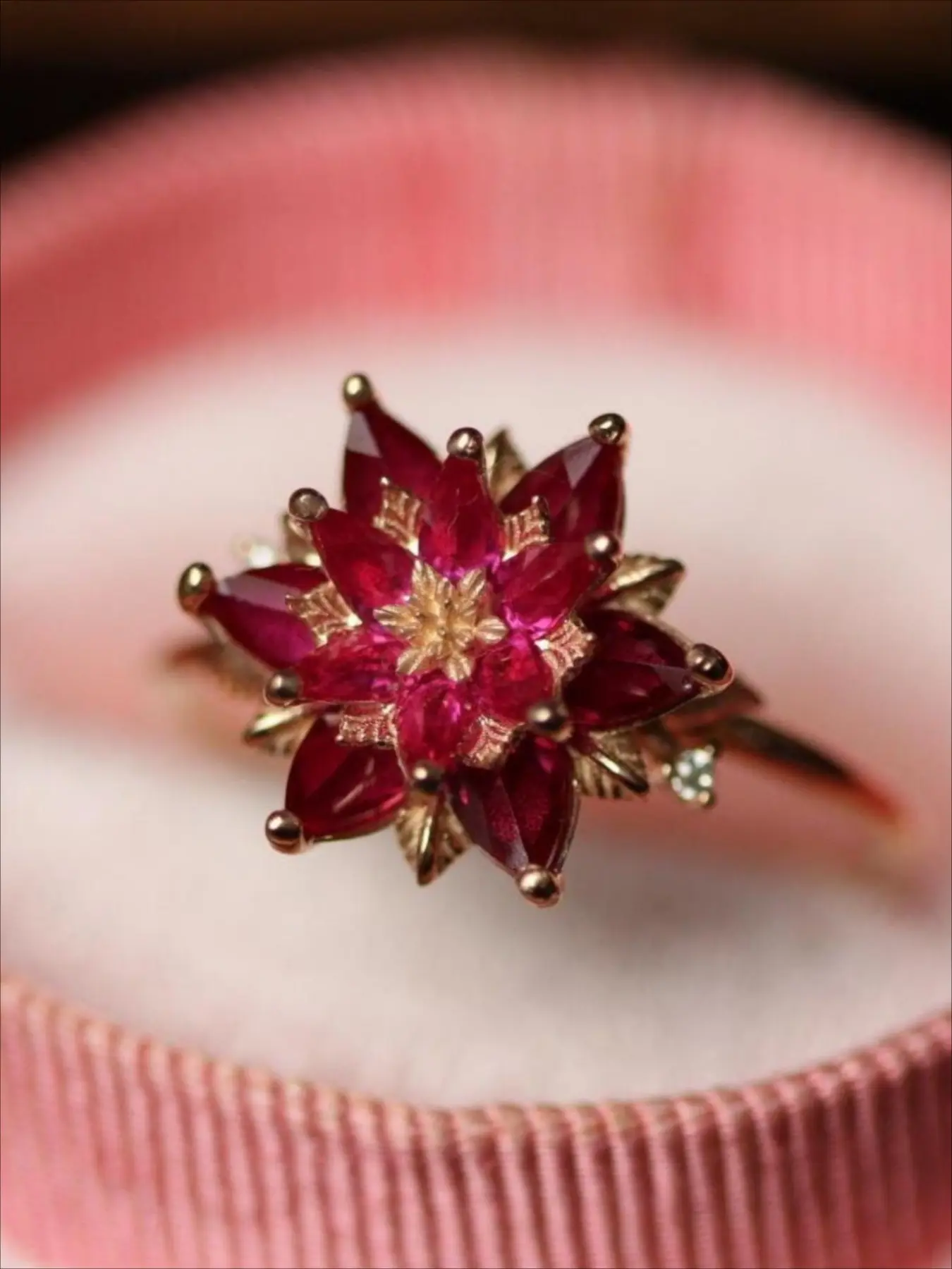 Vintage Hanmade Red Cubic Zirconia Lotus Flower Engagement Ring for Women, Beautiful Rings, Unique Golden Ring Birthstone Floral Ring Party Jewelry Statement Ring Birthday Anniversary Gift Vintage Rings Jewelry Engagement Rings Vintage Bridal Ring