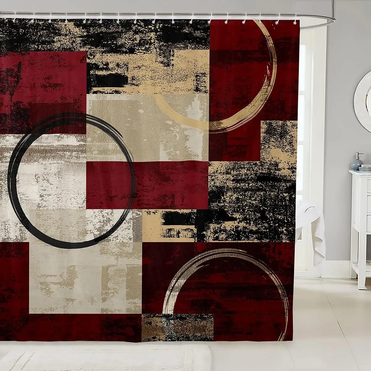 Red Ombre Art Shower Curtain Modern Retro Circular Geometric Circle Bath Curtain,Abstract Round Oil Painting Graffiti Decor Curtain Set,Grunge Striped Farmhouse Decor,Gradient Brown Black
