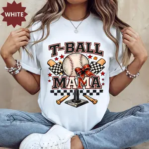 T-Ball Mama Shirt, Vintage Baseball Mom Round Neck Casual Top, Checkered Bow Sports Graphic T-Shirt,Machine Washable All-seasons Comfort Fit,Soft Material,Size S-5XL