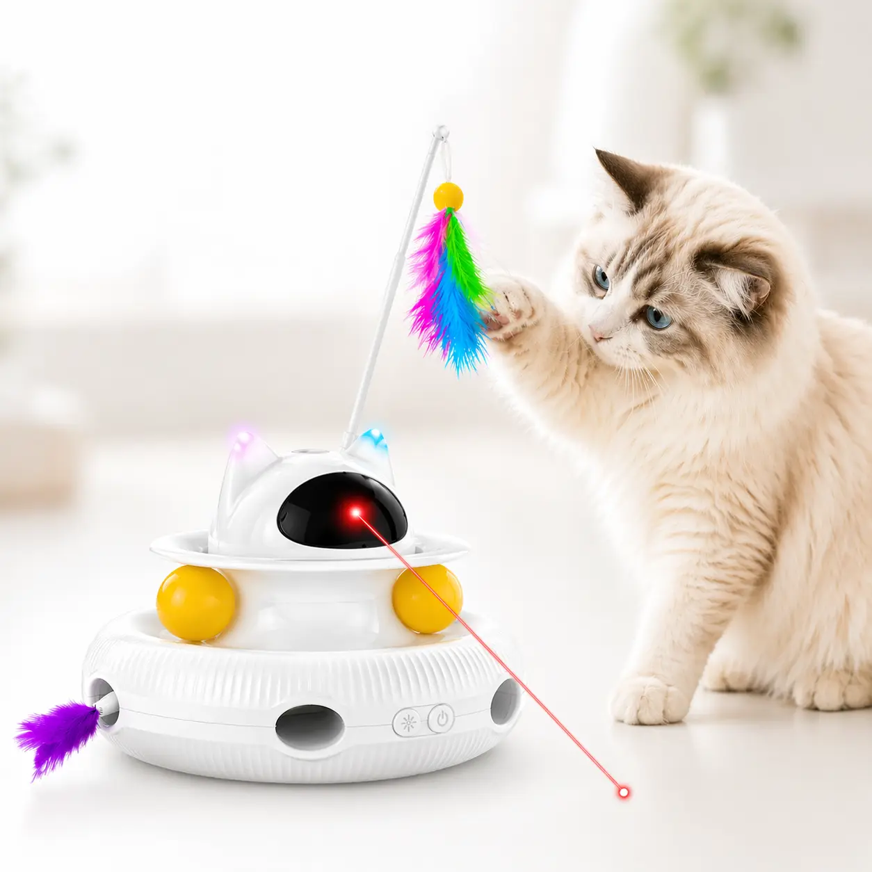 5-in-1 Interactive Cat Toy for Indoor Cats - Automatic Laser Beam Light, Feather Teaser, Pop-Up Feather, Track Balls, USB Rechargeable, ABS Construction, Reduces Boredom, Real Moving Targets