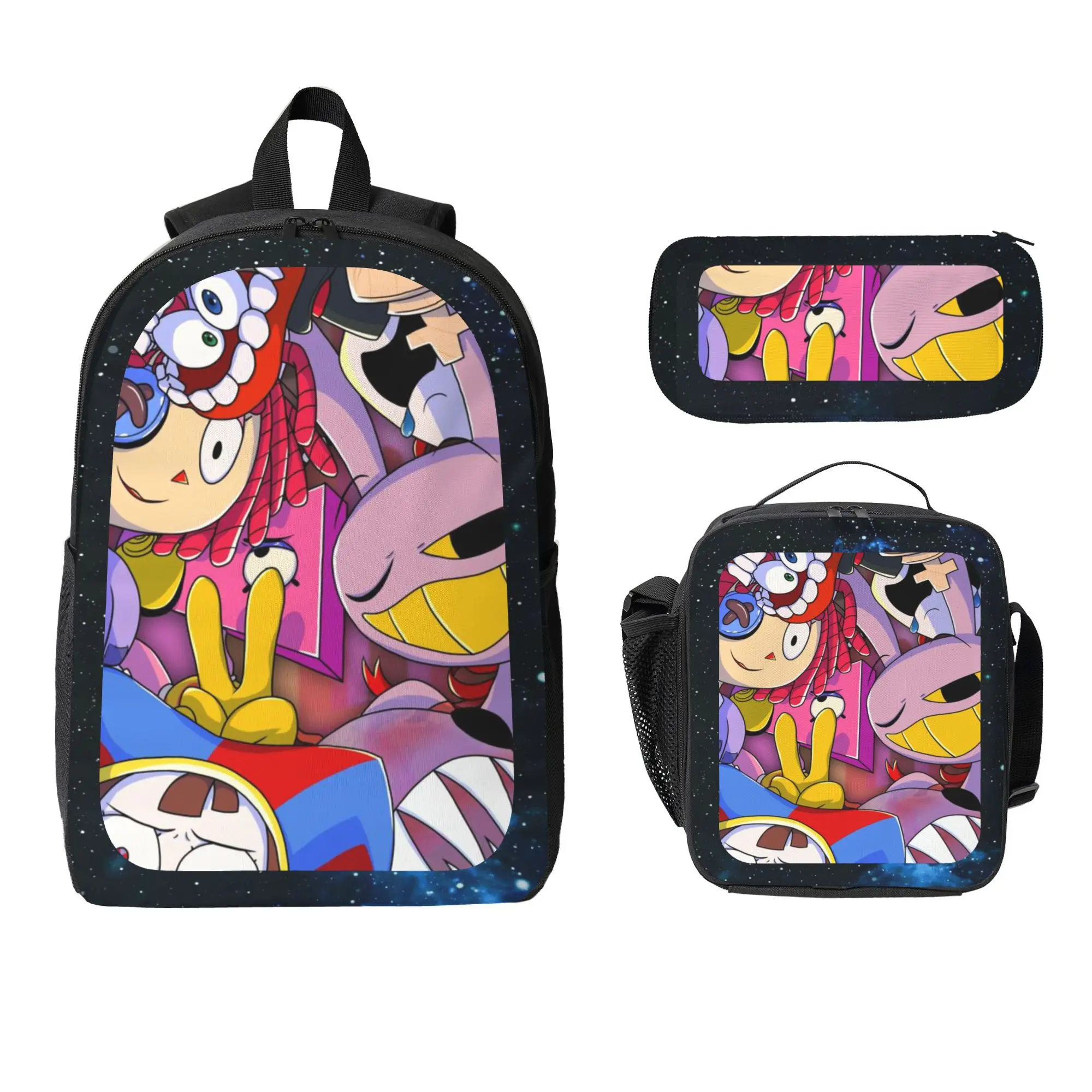 Digital Circus Inspired Unisex 3PCS Bag Design Backpack Set - Large-Capacity Laptop Backpack with Cartoon Print, Lunch Pouch, Pencil Case, Back to School Functional Gear for Kids, Aesthetic Gift