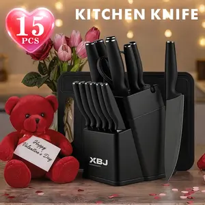 Premium 15-Piece Stainless Steel KitchenKnife Set with Built-in Sharpener |includes ChefKnife, Japanese Knife, Meat Cleaver, Bread KnifeSteak Knives & Scissors|Washable, PlasticHandles | Perfect Gift Set,Block,Pink Serrated Stainless steel cutlery set