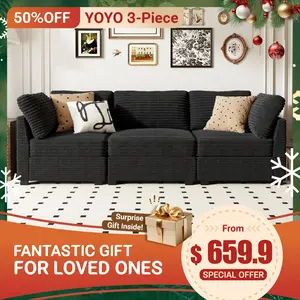 【3 Packages Shipping】Ovios 99" Modular Sectional Sofa Couch with Ottoman, L-Shaped Sectional Sofa Set with Flexible Configuration, Plush Corduroy Fabric - 98.6"W x 65.4"D x 28.7"H, 3 Seater
