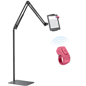 DATAFY Kindle Page Turner Ring and Floor Stand Set, Hands-Free Reading Accessories for Kindle Paperwhite Oasis Scribe Kobo, Adjustable Tablet Holder with Wireless Page Turner Clicker for Bed Reading