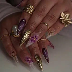 (MTO) Handcrafted Wearable Nail Art Purple Floral Gold Chrome Fashion Hand Accessories