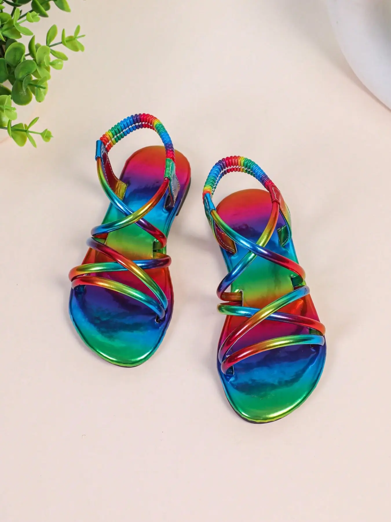 Girls' Summer Rainbow Open Toe Sandals, Soft Soled Sandals, Flexible Sandals, Soft Sole, Elastic Strap, Non-Slip, Comfortable, Casual Style, Plain Pattern, PU Upper, Rubber Sole