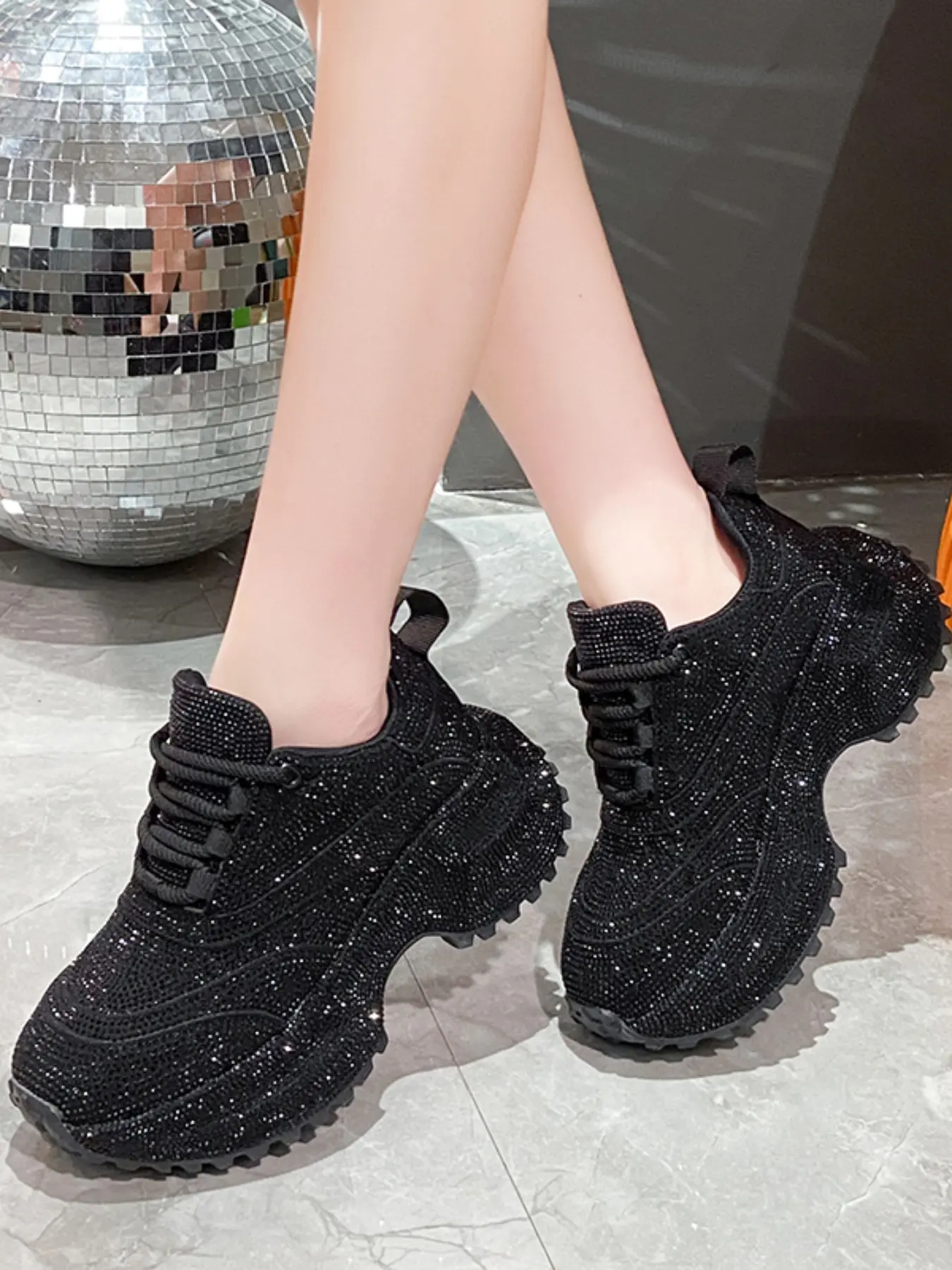 Women's Fashion Thick Sole Sparkling Rhinestone Glitter Design Sneakers, Multi-Scene Wear, Available in Large Sizes, Stylish Sporty Shoes, Casual Sporty Sneakers, Thick Soled Sneakers, Rhinestone Embellished Sneakers