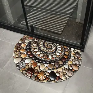 Half Round Cobble River Stone Doormat Geometric Pattern Hand Hooked Non Slip Durable Indoor Outdoor Entryway Rug Home Garage Decor