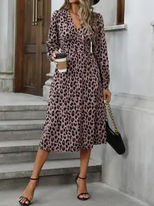 Women's Leopard Print V Neck Bubble Sleeve Wrap Fitted Long Dress, Casual Daily Wear, Elegant Fashion for Spring & Fall Seasons, Long Sleeves