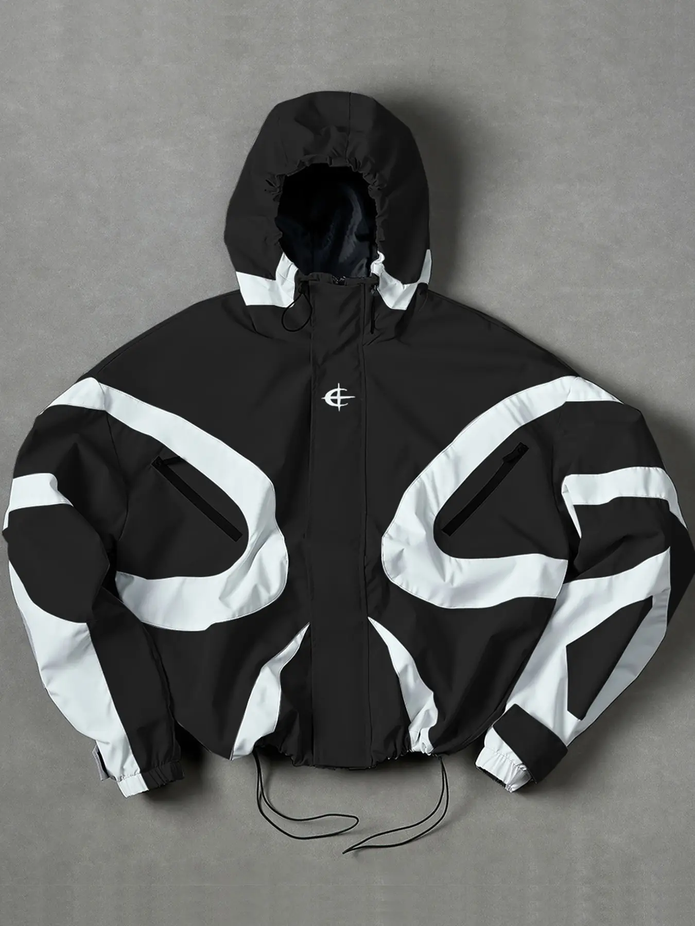 High Street Style Casual Hooded Jacket, Colorblock Design, Drawstring Waist, Windproof Waterproof, Loose Fit, Spring Fall Fashion