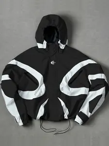 High Street Style Casual Hooded Jacket, Colorblock Design, Drawstring Waist, Windproof Waterproof, Loose Fit, Spring Fall Fashion