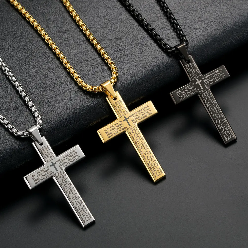 Men's Cross Necklace with Lord's Prayer, Cross Necklace Bible Verse,Stainless Steel Cross Pendant Necklace for Men Teen Boys,Lords Prayer Necklace,Cross Necklace for Men Women,Silver Black Gold Cross Necklace Prayer,Stainless Steel Plain Cross