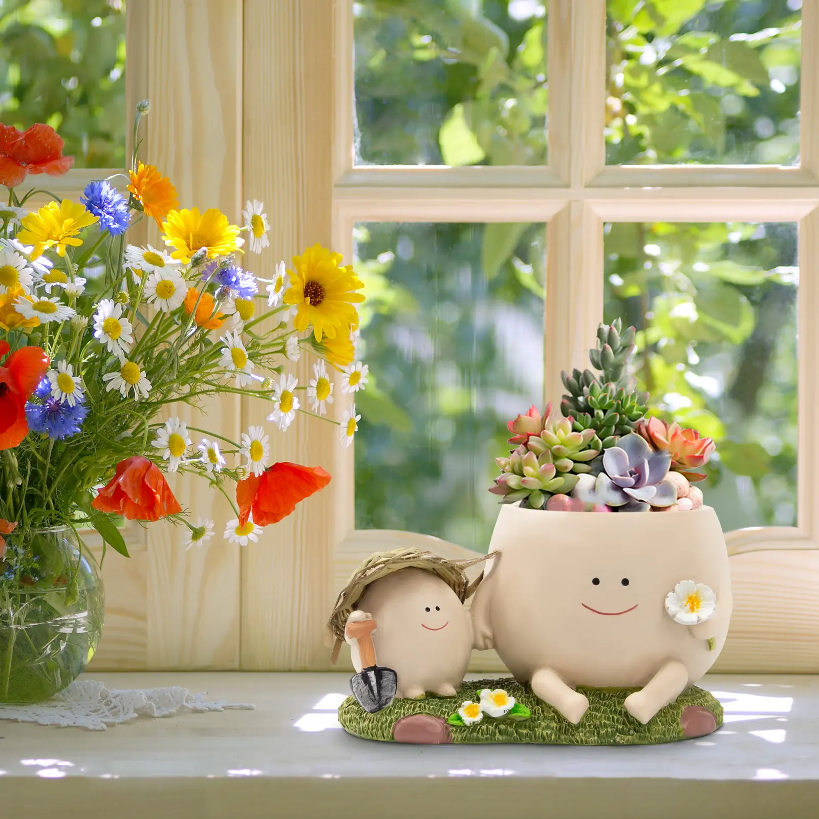 Summer Sale Cute Parent Child Cartoon Succulent Flower Pot - Indoor/Outdoor Decorative Flower Pot with Mini Gardener Statue, Unique Flower Pot for Home/Office, Perfect Gift for Plant Enthusiasts and Family