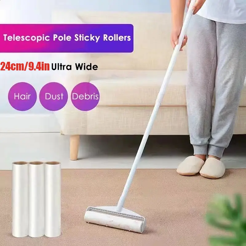 Pet Hair Removal Lint Rollers - 24cm/9.4in Ultra Wide Sticky Surface, Adjustable Telescopic Long Handle, Versatile Cleaning Tool for Carpets, Floors, Curtains, Cleaning Supplies, Telescopic Pole