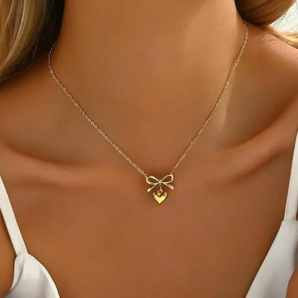 Elegant Bow Heart Pendant 18K Gold Plated Pearl Bow Herringbone Chain Necklace Hypoallergenic Stainless Steel Adjustable Length 15.7-17.7 Inches for Women