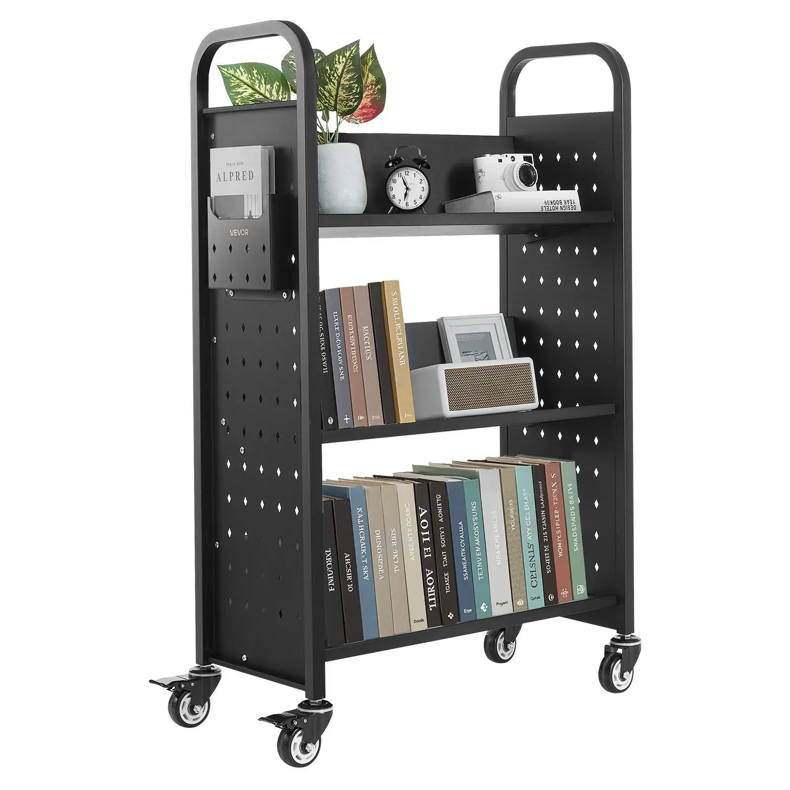 【SummerFinds】VEVOR Carbon Steel Rolling Library Book Cart, 330 lbs Capacity, 30.3x15x48.0-Inch Single-Sided V-Shaped Tri-Level Multi-Compartment Organizer Stand Storage Boxes, 3-Inch Lockable Wheels, Easy Installation, Space Saver for Home & Office