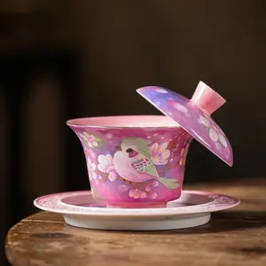 A134.Purple Chubby Bird Enamel Three-Piece Gaiwan Hovering Ceramic Tea Bowl High-Grade Kung Fu Tea Set Large Tea Bowl for Home