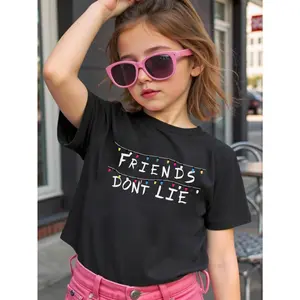 Young Girl's "Friends Don't Lie" Christmas Stranger Hawkins Style Upside Down Things Graphic Cotton T-Shirt For Young Girls, Perfect Christmas Gifts Hawkins Fans Perfect Christmas Gifts Hawkins Fans Black Shirts For Holiday Stranger Christmas Young Girls