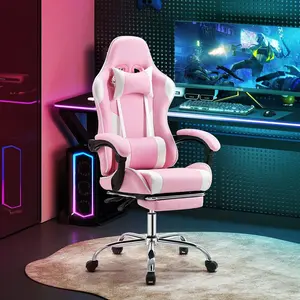 PU Leather Ergonomic Gaming Chair, High Backrest Racing Style Design, Adjustable Headrest And Lumbar Support, Retractable Footrest, 360 Degree Swivel, Height Adjustable Computer Seating For Gaming Setup