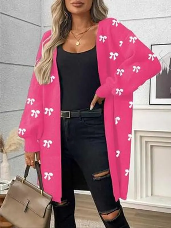 Plus Size Bowknot Casual Cardigan in Vibrant Pink with White Bow Accents for Stylish Comfort and Everyday Wear