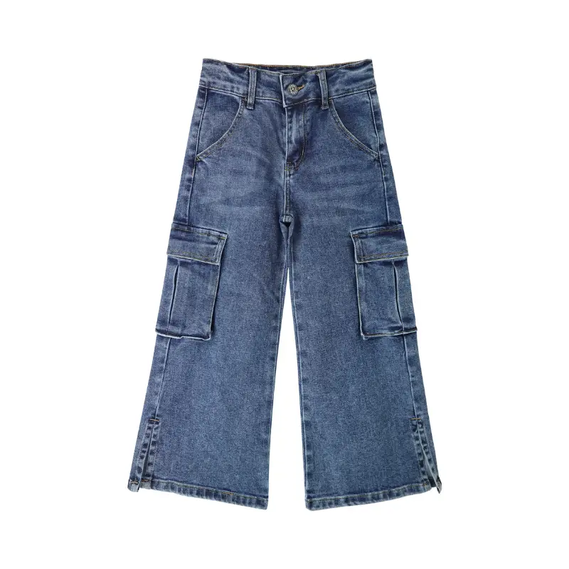 5-14T Girls' Cargo Jeans with Flap Pocket, Wide Leg and Split Denim Kids Pants