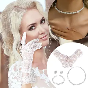 4PCS Jewelry Set Girls Ladies Lace Gloves for Women Tea Party Elegant Short Courtesy Gloves for Wedding Dinner Opera Parties