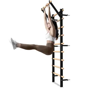 Swedish Ladder Wood Stall Bar with Pull-Up Bar and Dip Bar Attachments, 9 Strategic Rods for Core Strengthening and Stretching Home Fitness Equipment