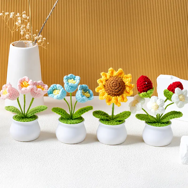 TTZZ Handmade Crochet Bouquet Potted Flowers - Artificial Flower Potted Plant with Exquisite Pot Decor, Includes Floral and Fruit Decoration
