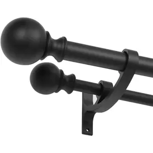 Double Curtain Rods 72-144 Inches, Matte Black Double Drapery Rod with Round Finials, Heavy Duty 1-Inch Front and 5/8 Inch  Telescoping Decorative Double Window Rod