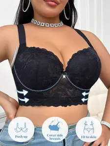 Plus-Size Women's Chic Lace Accents Unlined Elegant push-up bra with underwire support and deep V-neck design, suitable for everyday wear.