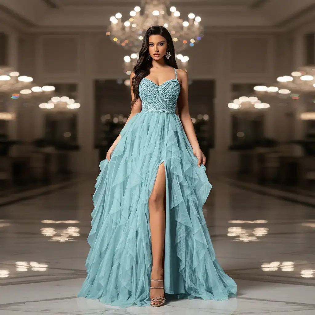 Women's Mint Blue Spaghetti Strap Sweetheart Neck Evening Gown - Fairy-Style Backless Sequined Ruffled Tulle A-Line Long Dress with High Slit for Wedding, Formal Party Womenswear Elegant Polyester