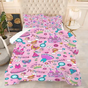 2/3Pcs Whimsical Princess Dream Comforter Set, Cute Pink Castle & Gown Bedding Set, Adorable & Cozy Quilted Comforter, Perfect for Kids and Teens Bedroom Decor, Inspiring Imagination with Charming Designs! 1 or 2 Pillowcase No Pillow Core