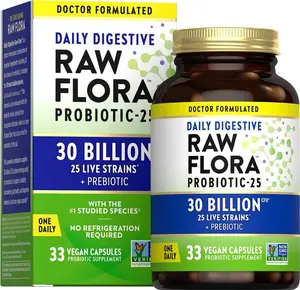 Raw Flora Daily Digestive Probiotic, 30 Billion CFU, 33 Vegan Capsules, Digestive Health Support