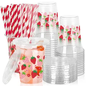 Strawberry Plastic Cups Set, Includes Lids & Straws, Reusable Party Drinkware, 12 Oz Capacity, Ideal for Gatherings, Pack Sizes 10/20/50, Strawberry Pattern