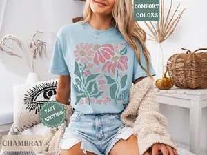 Comfort Colors Boho Daisy Flower Tee Shirt Boho Tee Casual Beach Summer Graphic Crew Neck Half Sleeve Unisex Fit Wildflower Shirt Plant Shirt Retro - Apparel