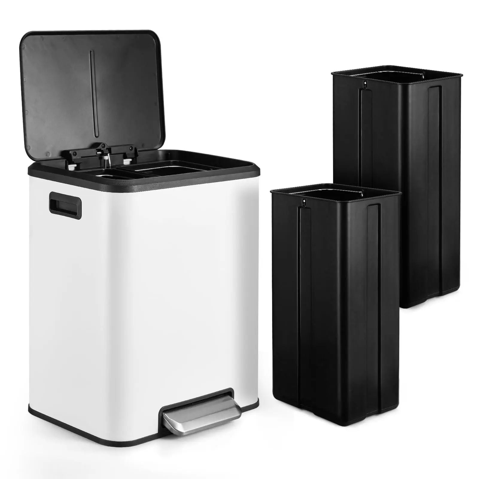 30L (2x15L) Double Compartment Waste Bin - Professional Stainless Steel - Soft Close Lid, Pedal, Removable Inner Buckets - Ideal for Kitchen, Office, Public Spaces - Waste Collection,White