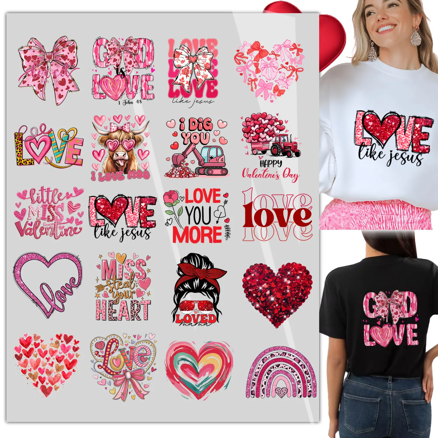 20 Pcs Valentine's Day Iron on Transfers DTF Transfers Ready to Press Heart Iron On Decals for T-Shirts, Bags, and More