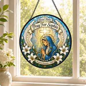 Personalized Catholic Baptism Suncatcher, Blessed Mother Stained Glass Window Hanging, Virgin Mary Gift, Goddaughter Keepsake Suncatcher – Virgin Mary Window Hanging, Colorful Light Catcher, Religious Home Décor, Catholic Gift