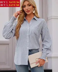 Womens Button Down Shirts Striped Smocked Cuff Long Sleeve Blouses with Pocket Casual Collar Office Work Tops