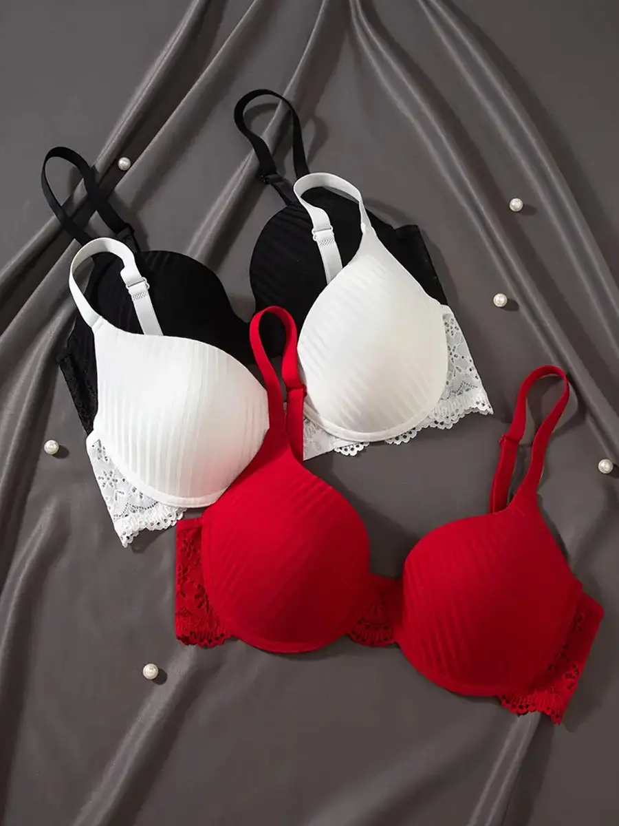 3pcs set of Women's bras with lace stitching, gathered and gathered, paired with steel rims, lingerie