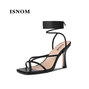 ISNOM Lace Up Heels Sandals for Women, Square Toe, Open Toe Thong, Stiletto Heels Design Footwear Leather #WeeklyDeals#SummerVibes #outdoorfun #tiktokshopmemorialday
