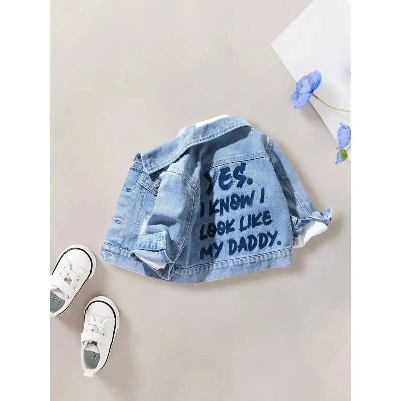 Baby Boy Spring & Autumn Letter Print Denim Jacket - Polyester Blend, Casual Wear, Long Sleeve, Button Front, Boyish Look, Machine Washable Outerwear, Small to Medium Sizes