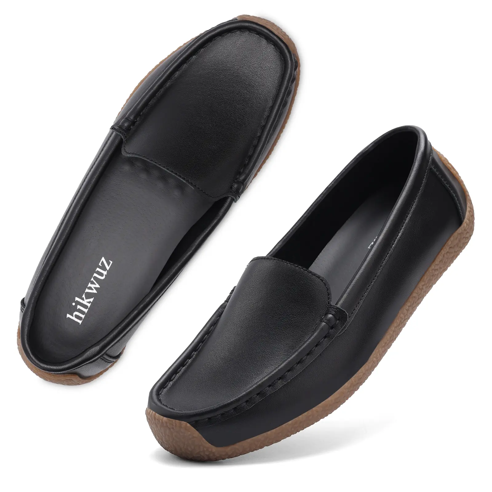 Women's Black Minimalist Round Toe Pig Leather Slip-On Loafers - Soft Comfort Flats, Non-Slip Gum Rubber Sole Work Shoes for Women Nurses