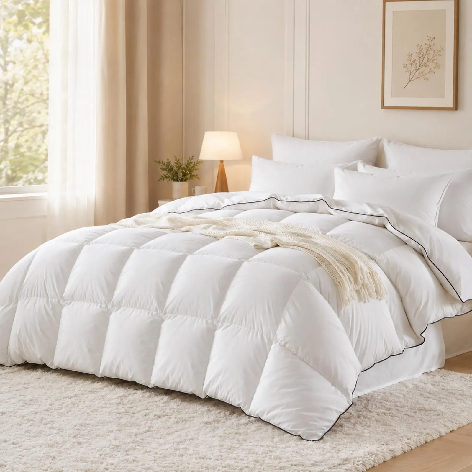 White Cotton Down Comforter All Season–100% Cotton Shell with Black Piping, Lightweight Fluffy Duvet Insert Box Stitch, Breathable Machine Washable Bed Comforter