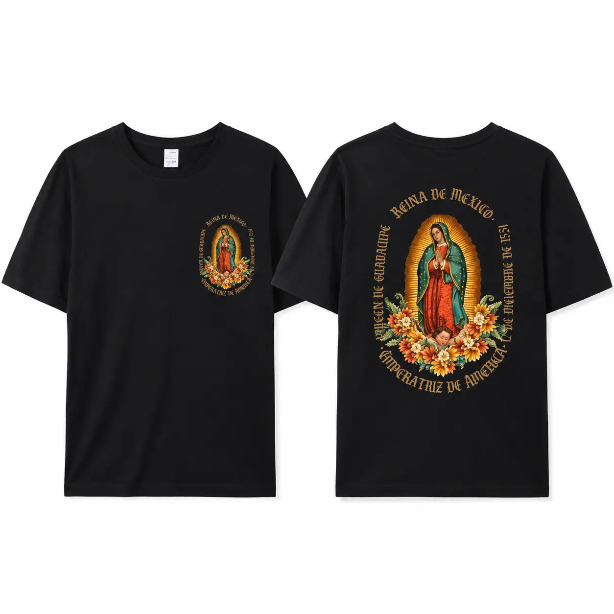 Washed Pure T-Shirt, Men'S Casual Fashion, With Dark 'VIRGEN DE GUADALUPE' And Religious Figure Prints, Outdoor Sports T-Shirt | |         Soft Knitted T-Shirt,summervibes