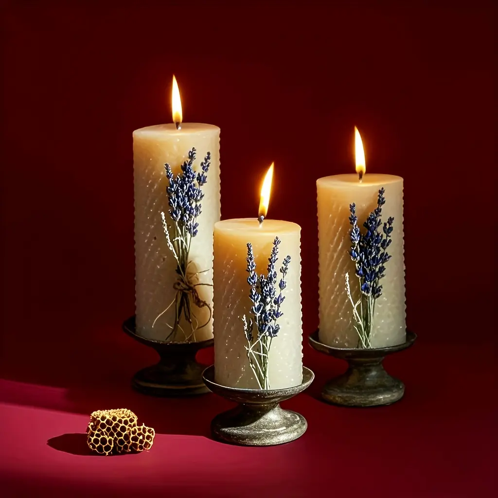 Lavender Fragrance Beeswax Pillar Candles Set of 3 - 2x4 in, 60H Long-Lasting, Clean, Drip-Free Aromatic Decorative Candles for Home Bedroom Decor - Ideal for Holiday Gifts