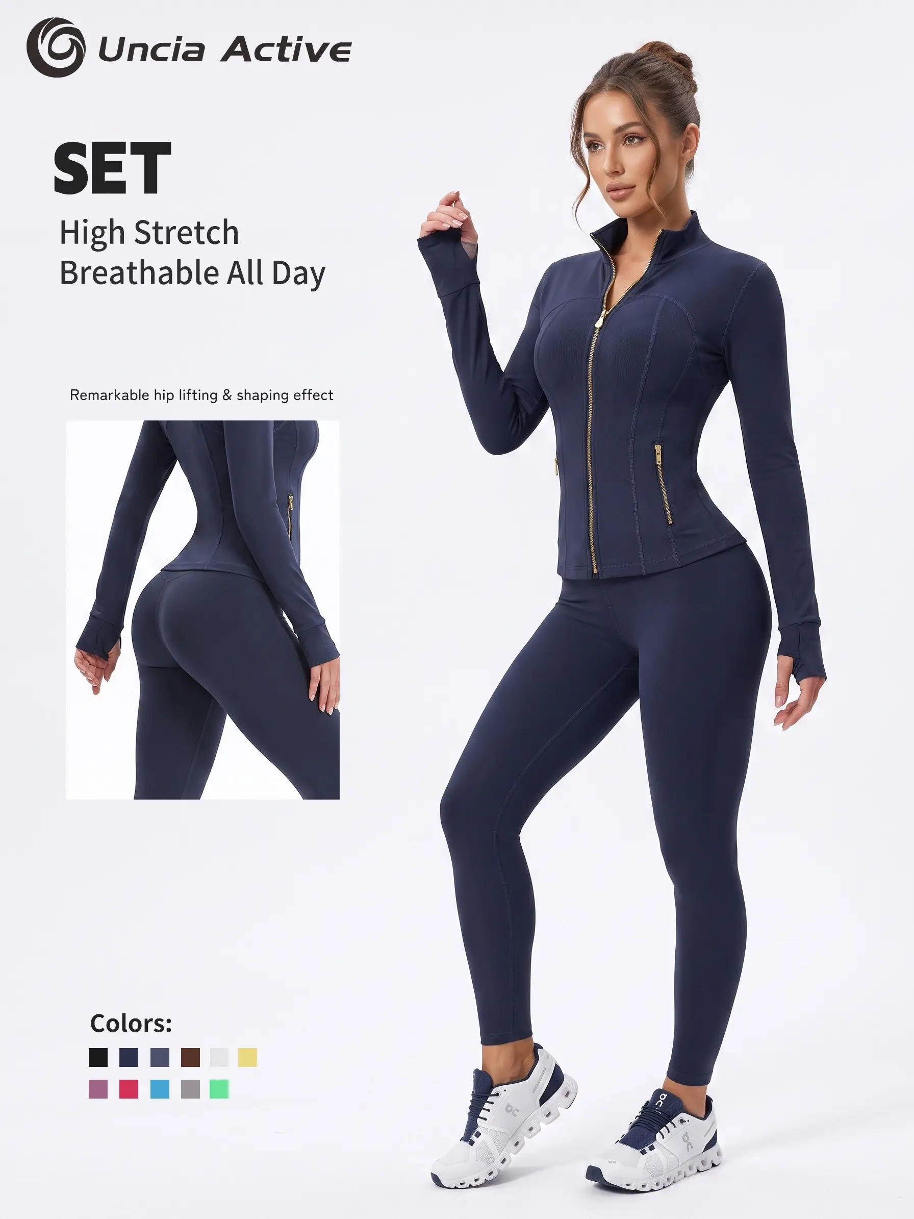 Uncia Active Women Gold Zipper Slim Yoga Jacket with Thumb Hole Stand Collar, High Waist Stretch Workout Leggings, Mix & Match Separable Sports Outfit for Gym Yoga Daily Commute