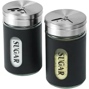 Stainless Steel and Glass Duster Shaker Set with Adjustable Pour Holes Cinnamon Shaker For Coffee Bar, Set of 2 (Black)