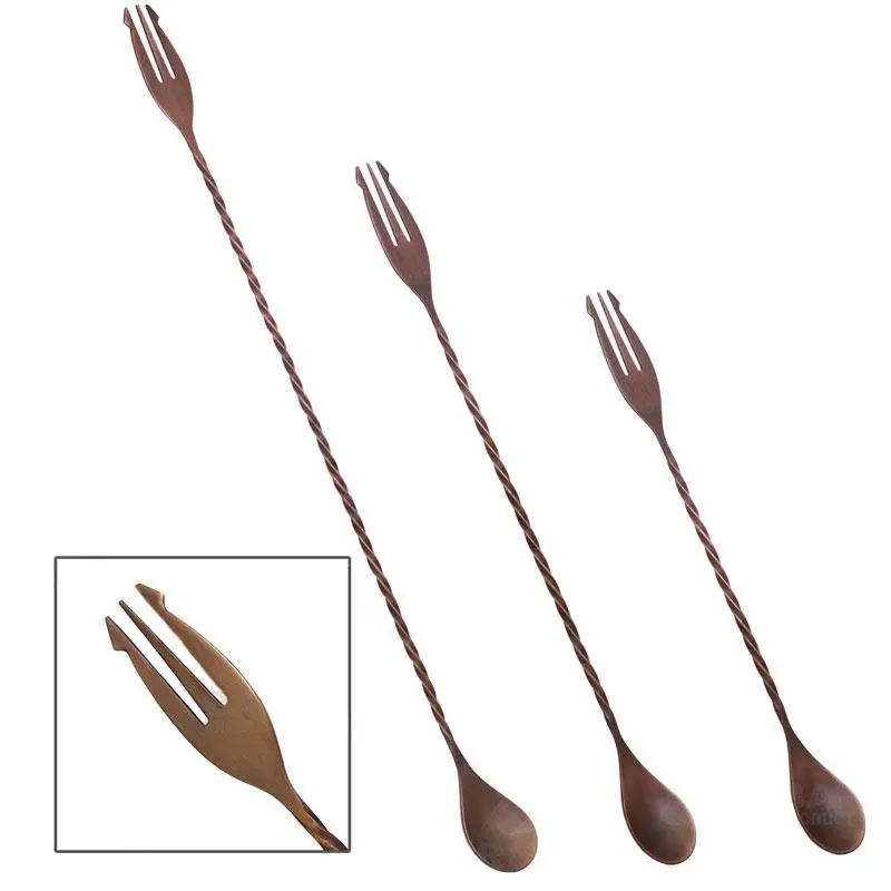 BarConic® Trident Bar Spoons - Antique Copper Finish - Classic Cocktail Stirring Utensils - Multiple Lengths Available